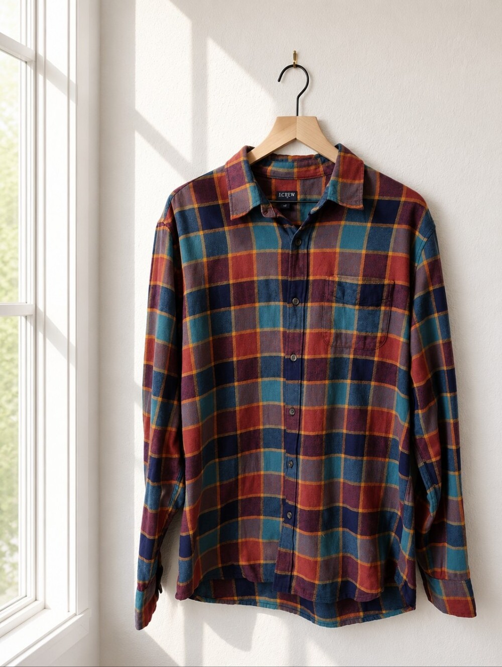 J.Crew Flannel Plaid Button Front Shirt Large Blue‎ Burgundy Fall Cotton